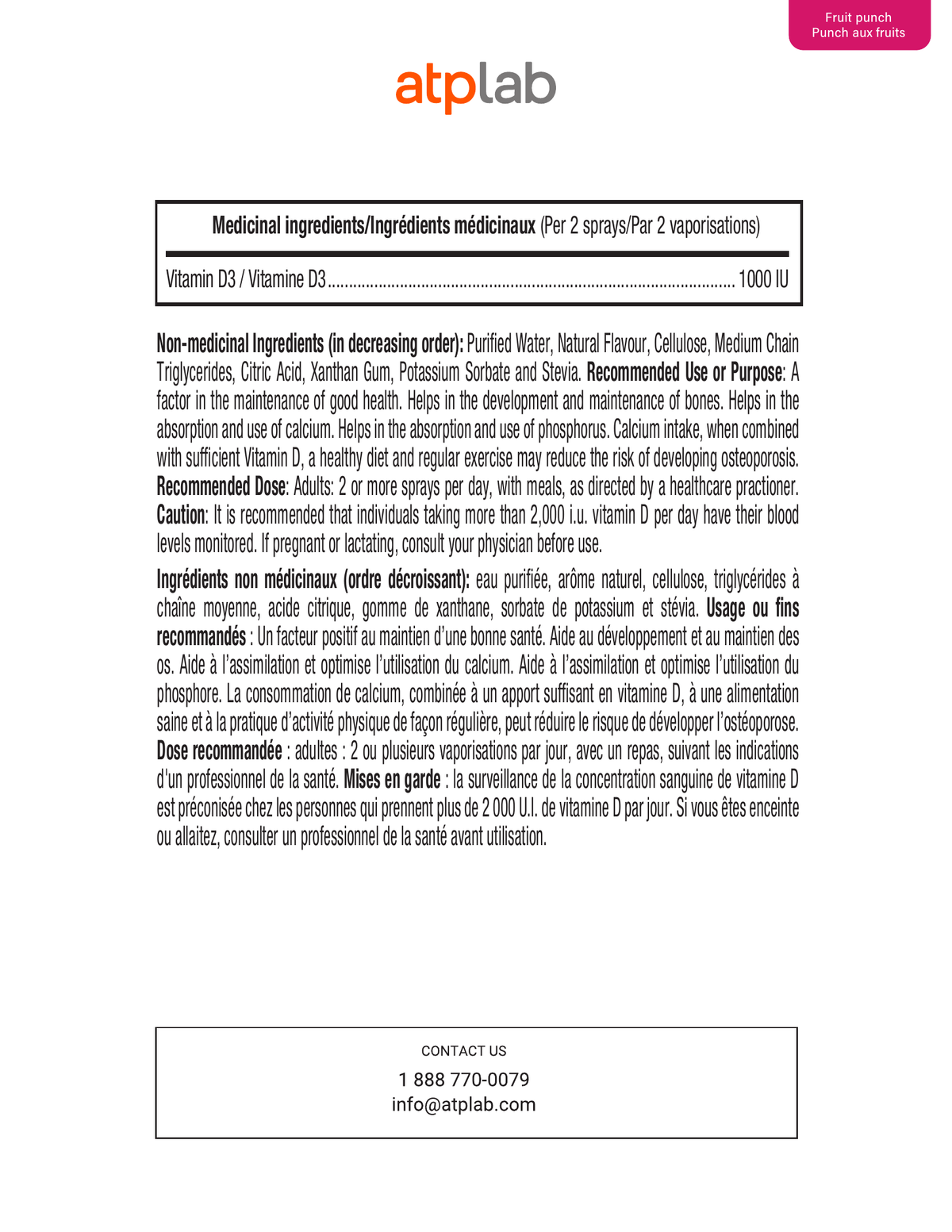 A single-page informational sheet from Atplab in French, detailing the medicinal ingredients of Vitamin D3 and 1000 IU supplements. The page features a white background with black text, a blue 'atplab' logo at the top, and a small pink 'Fast forward' badge in the upper right corner.
