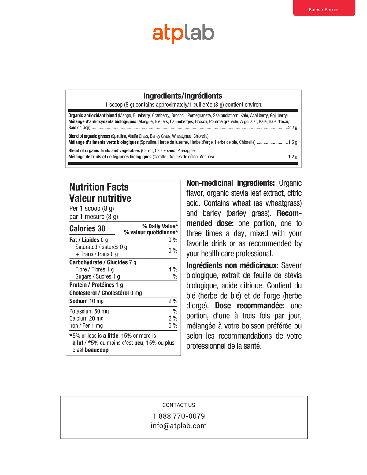 A product information card for atplabo, showing a French ingredients and nutrition facts label with product details, contact information, and a small logo at the top.