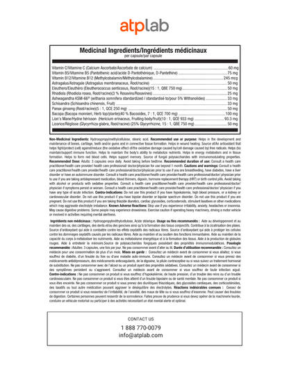 A white product information sheet with the atplab logo at the top and a table of medicinal ingredients and descriptions in French and English below.