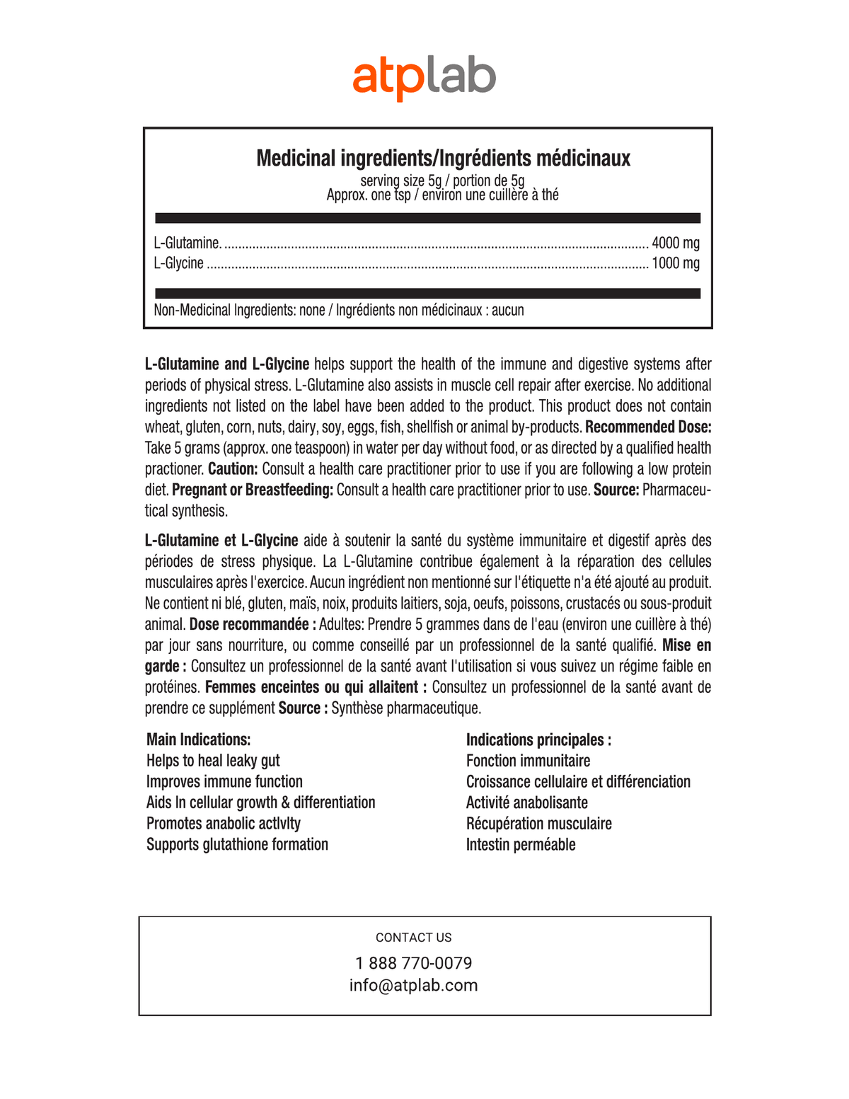 A white informational sheet with the atplab logo at the top and French text describing the medicinal ingredients L-Glutamine and L-Glycine, along with dosage information and contact details.