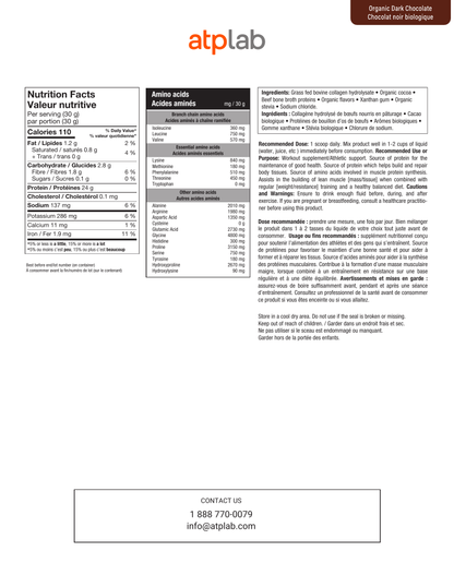 A flat, front-facing printed information sheet for ATP Lab Igneous Dark Chocolates, showing nutrition facts, amino acid profile, ingredients, and contact information on a white background.