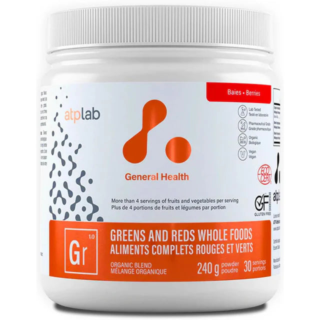 A white plastic jar of atplab General Health Greens and Reds powder, 240g, on a clean white background.