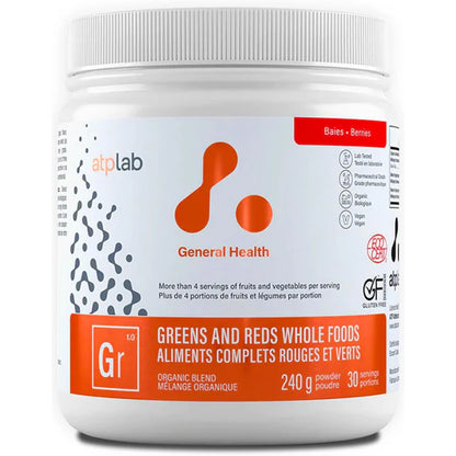 A white plastic jar of atplab General Health Greens and Reds powder, 240g, on a clean white background.