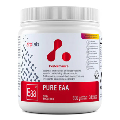 A white plastic tub of atplab Pure EAA powder with a white lid, featuring a label with red and gray graphics and text on a white background.
