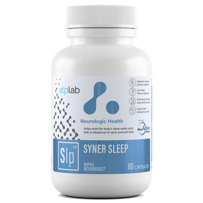 A white plastic bottle of atplab Syner Sleep capsules with a blue and white label, set against a plain white background.