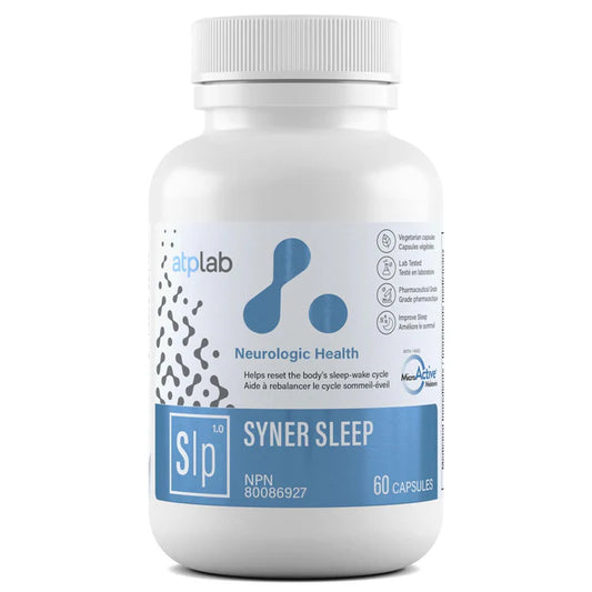 A white plastic bottle of atplab Syner Sleep capsules with a blue and white label, set against a plain white background.