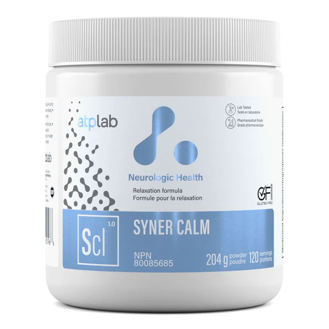 Container of Syner Calm supplement by atp lab on a white background