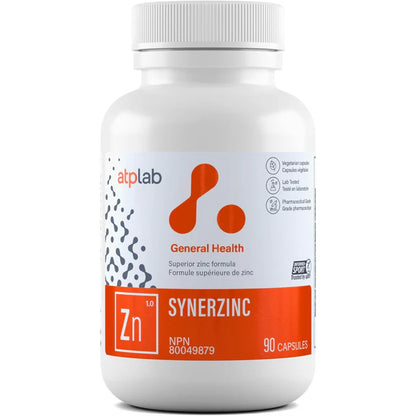 Supplement bottle labeled 'SYNERZINC' by atplab on a white background