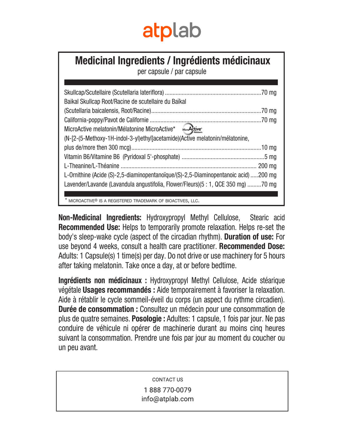 A printed informational card with the atplabo logo at the top and a labeled box listing medical and non-medical ingredients per capsule, plus usage recommendations and contact information.