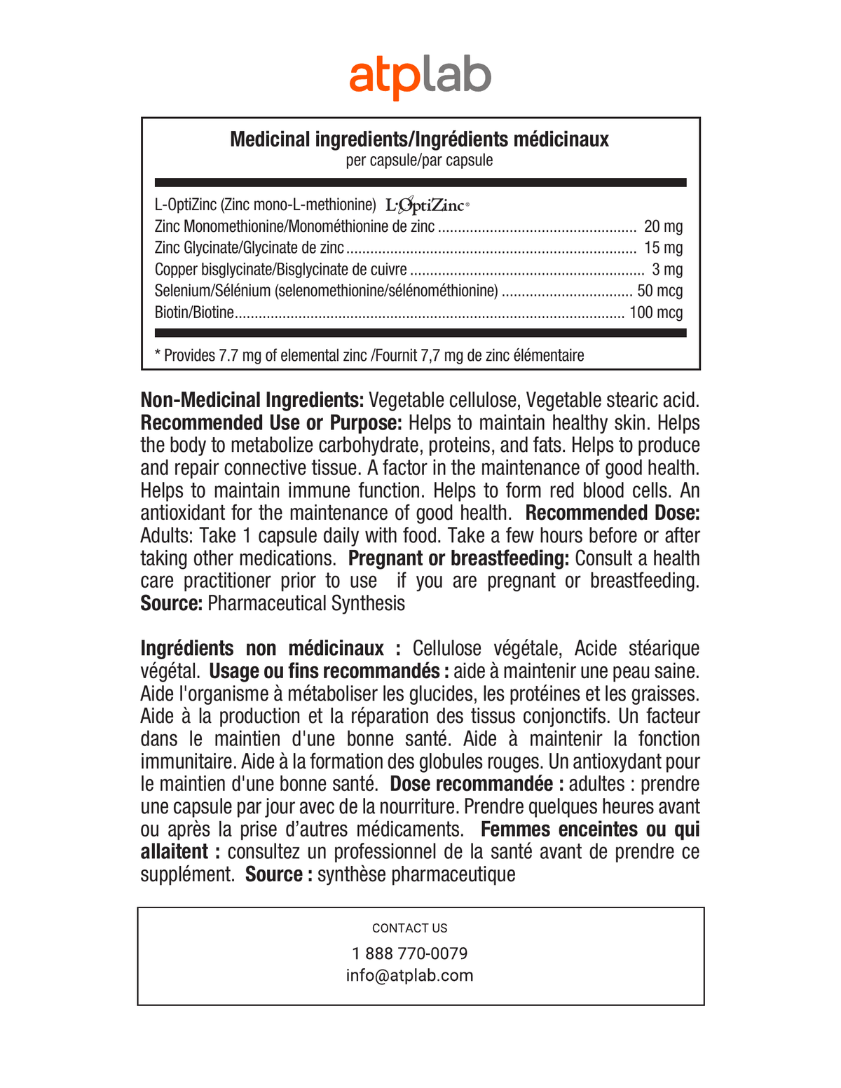 A white informational sheet with the atplab logo at the top and French text detailing the medical and non-medical uses of a zinc supplement. The text lists ingredients, dosage instructions, and contact information.