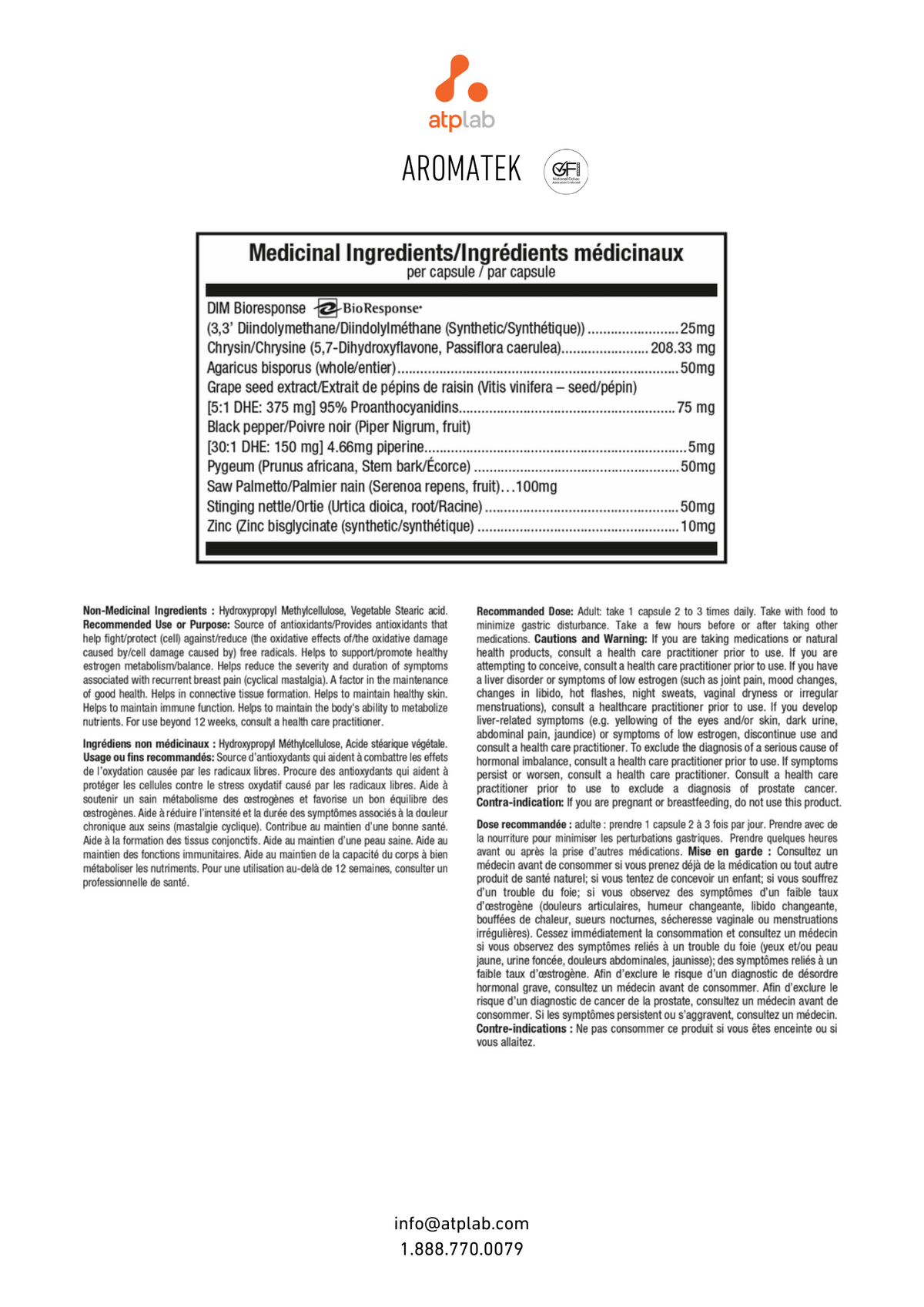 A white document page with the Aromatek logo at the top, followed by a table of 'Medical Ingredients / éingrés médicinaux' in French and English, plus paragraphs of text below. The page appears to be an informational insert rather than a product photo.