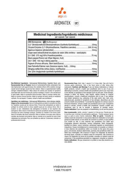 A white document page with the Aromatek logo at the top, followed by a table of 'Medical Ingredients / éingrés médicinaux' in French and English, plus paragraphs of text below. The page appears to be an informational insert rather than a product photo.