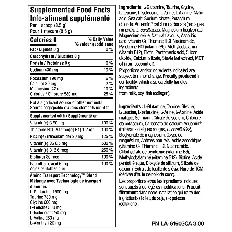 A close-up of a supplement facts label showing Supplement Facts and Ingredients in French, with product text including 'Amino Acide Technologique Blend' and ingredient lists for glutamine, taurine, glycine, leucine, valine, and lysine.