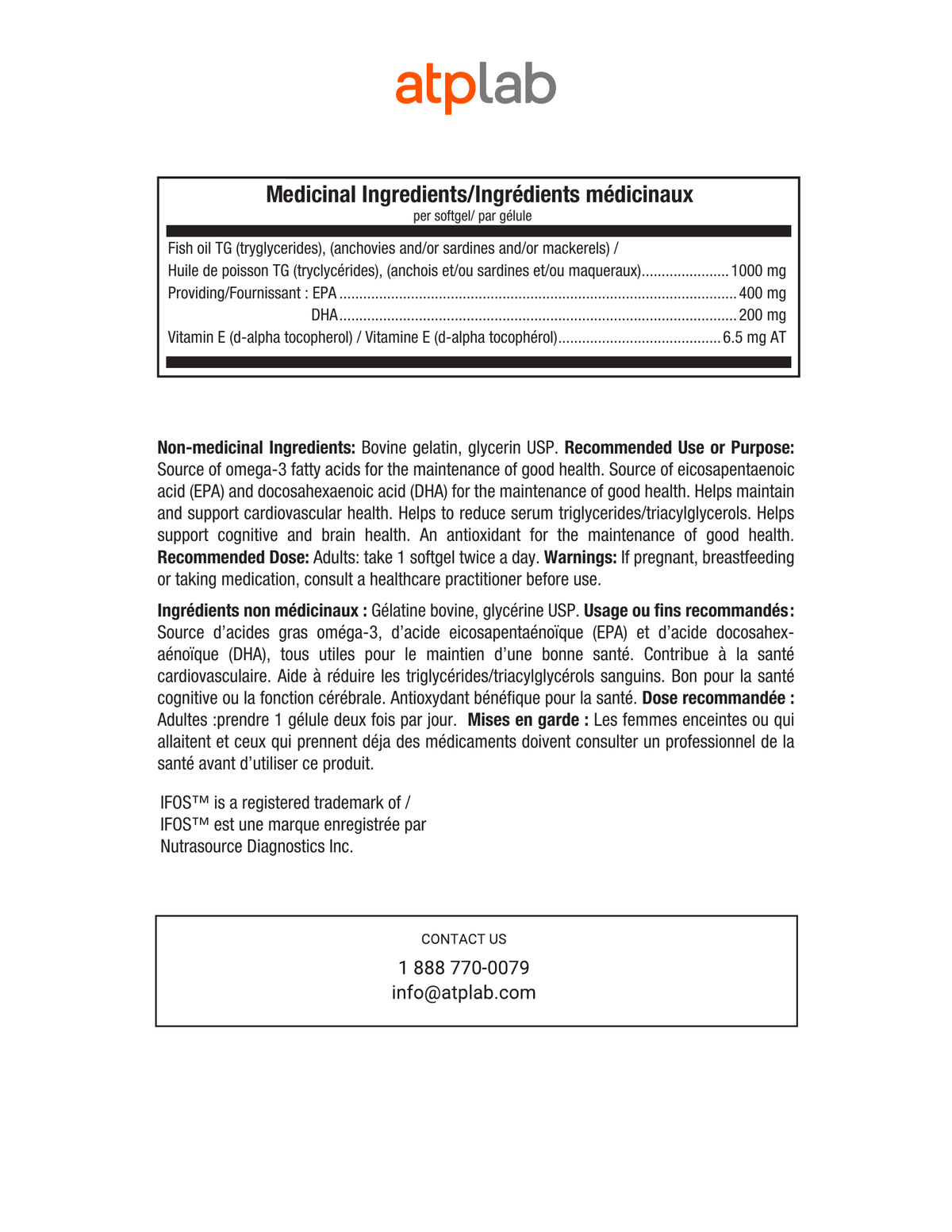 A white document page with the atplab logo at the top, containing French and English text about the medical ingredients and contact information for Atplab.