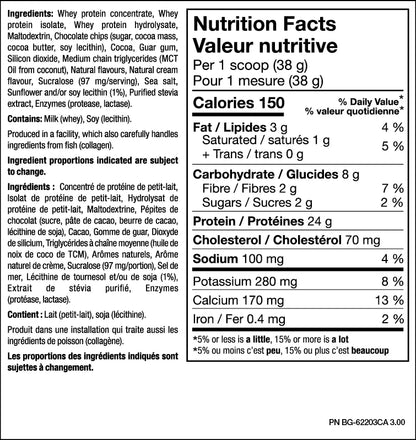 A Nutrition Facts label for a whey protein powder product, showing English and French text with macronutrient information and ingredient list on a white background.
