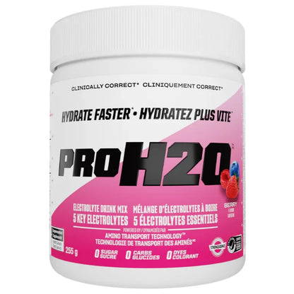 A white plastic tub of ProH20 Electrolyte Drink Mix in Berry flavor, featuring a pink and white label with bold black text.
