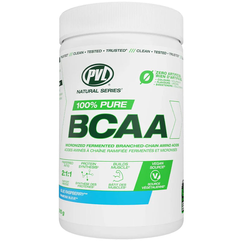 A white plastic tub of PVL Natural Series 100% Pure BCAA powder in Blue Raspberry flavor, shown on a clean white background.