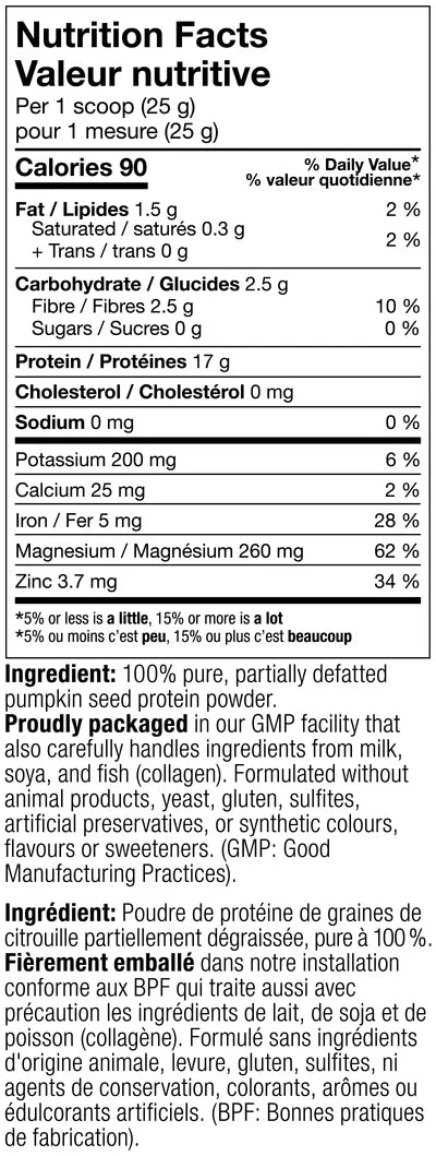 A vertical Nutrition Facts label in French and English, showing 100% pea protein powder details including calories, nutrients, and ingredients on a black background.