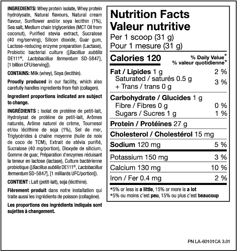 Nutrition facts label for a protein supplement with detailed ingredient list and nutritional information.