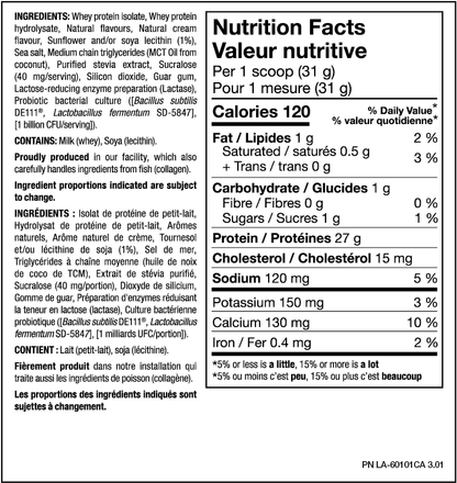 Nutrition facts label for a protein supplement with detailed ingredient list and nutritional information.