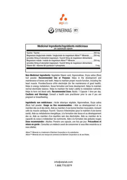 A product information sheet for 'Medicinal Ingredients / Ingredíients médicaux' featuring the brands 'ABD' and 'SYNERMAG' at the top, with a white background and black text detailing ingredients, dosage, and warnings.