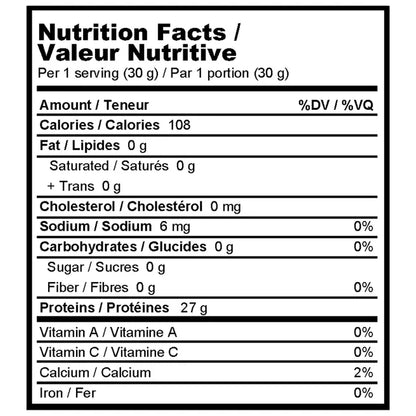 A black and white Nutrition Facts label showing nutritional information per 1 serving, including calories, fat, cholesterol, sodium, carbohydrates, sugar, fiber, and proteins.