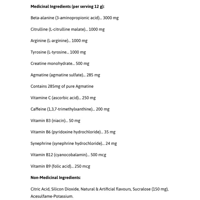 A text-based ingredient list on a white background, detailing medicinal ingredients and non-medical ingredients for a 12g serving.