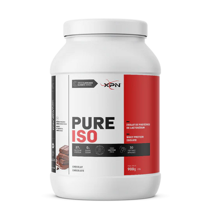 A white tub of XPN Pure ISO chocolate-flavored whey protein isolate, featuring a white and red label with black text, set against a plain white background.