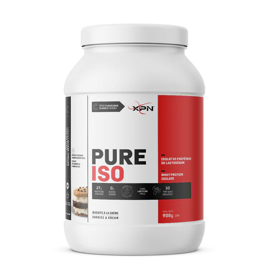 A white plastic tub of XPN Pure Iso Whey Protein Isolate in Cookie & Cream flavor, featuring a white and red label with black text, set against a plain white background.