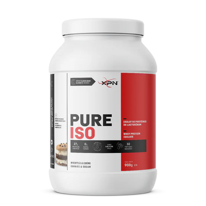 A white plastic tub of XPN Pure Iso Whey Protein Isolate in Cookie & Cream flavor, featuring a white and red label with black text, set against a plain white background.