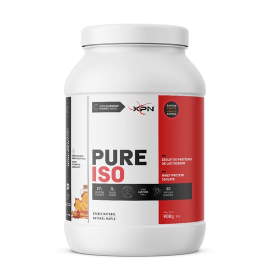 A white plastic tub of XPN Pure Iso whey protein isolate powder with a red and black label, shown on a clean white background.