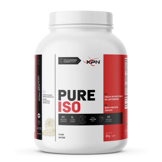 A 2kg white tub of XPN Pure Iso Whey Protein Isolate in Plain Nature, featuring a white, red, and black label on a clean white background.
