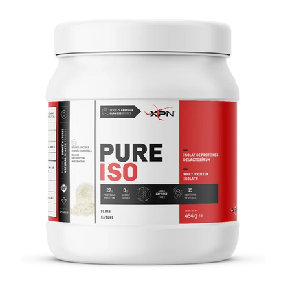 A white plastic tub of XPN Pure Iso whey protein isolate powder, featuring a red and black label with white text, on a clean white background.