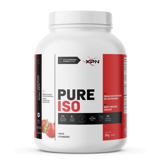 A 2kg white plastic tub of XPN Pure Iso Whey Protein Isolate in Frase Strawberry flavor, featuring a white, red, and black label.