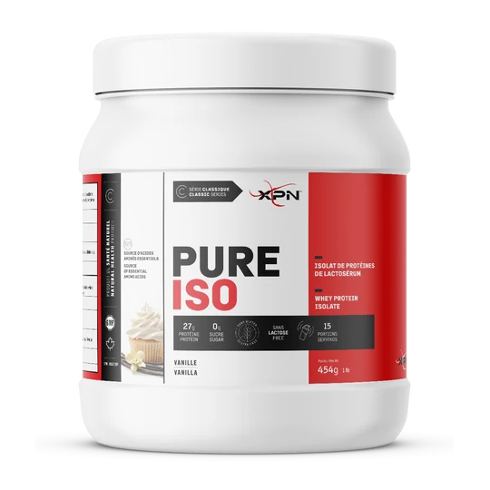 A white tub of XPN Pure Iso Whey Protein Isolate in vanilla flavor, featuring a red and black label on a clean white background.