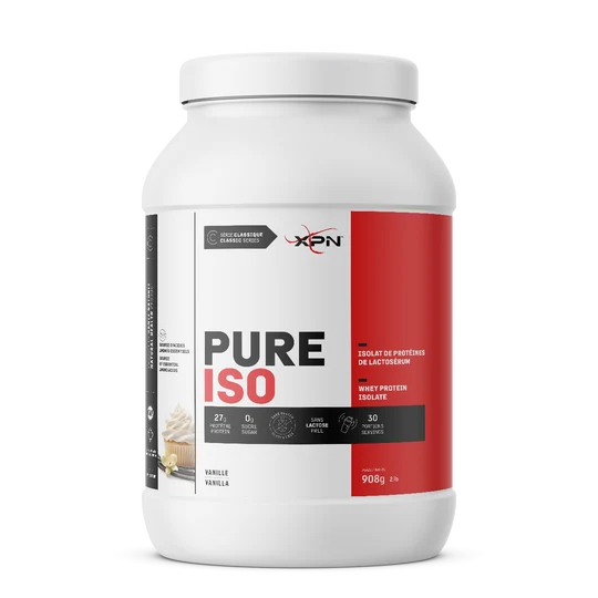 A 900g tub of XPN Pure Iso Vanilla flavor whey protein isolate, shown on a clean white background.