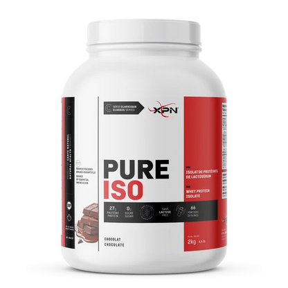 A 2kg white tub of XPN Pure Iso Whey Protein Isolate in Chocolate flavor, shown on a clean white background.