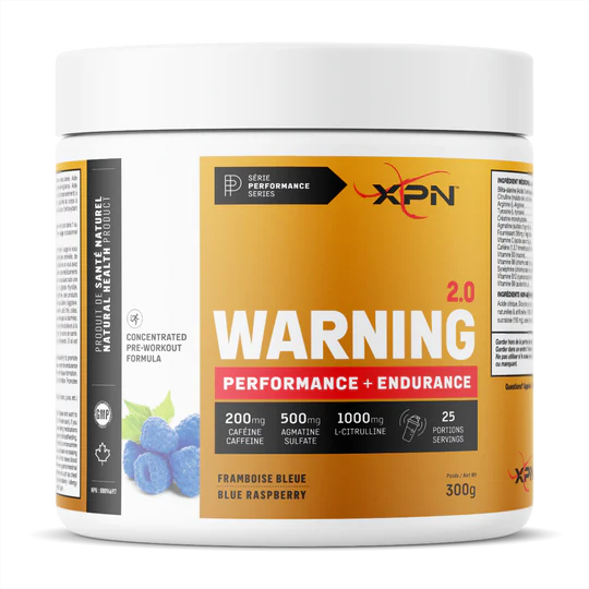 XPN pre-workout supplement container with warning label on a white background