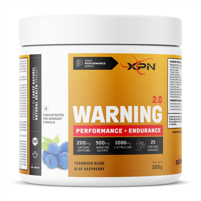 XPN pre-workout supplement container with warning label on a white background