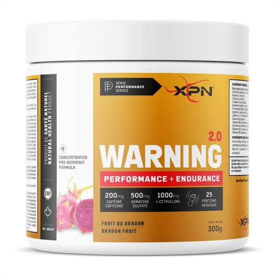 Supplement container with XPN branding and warning label on a white background