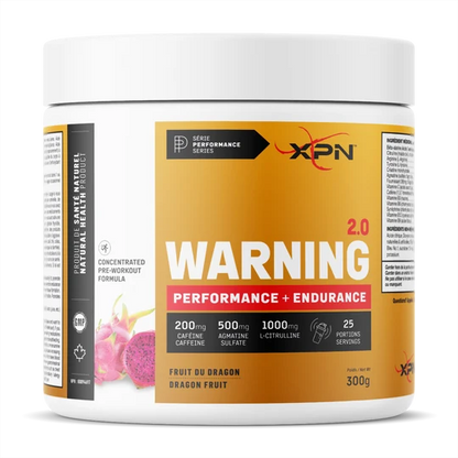 Supplement container with XPN branding and warning label on a white background