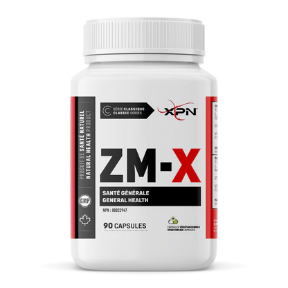 White supplement bottle labeled 'ZM-X' with XPN branding on a white background
