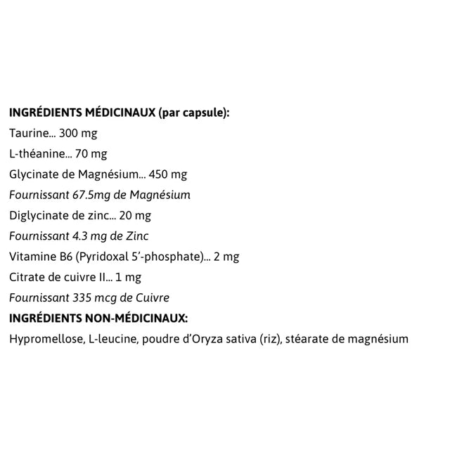 A text-based supplement facts sheet in French, listing medical and non-medical ingredients per capsule on a plain white background.
