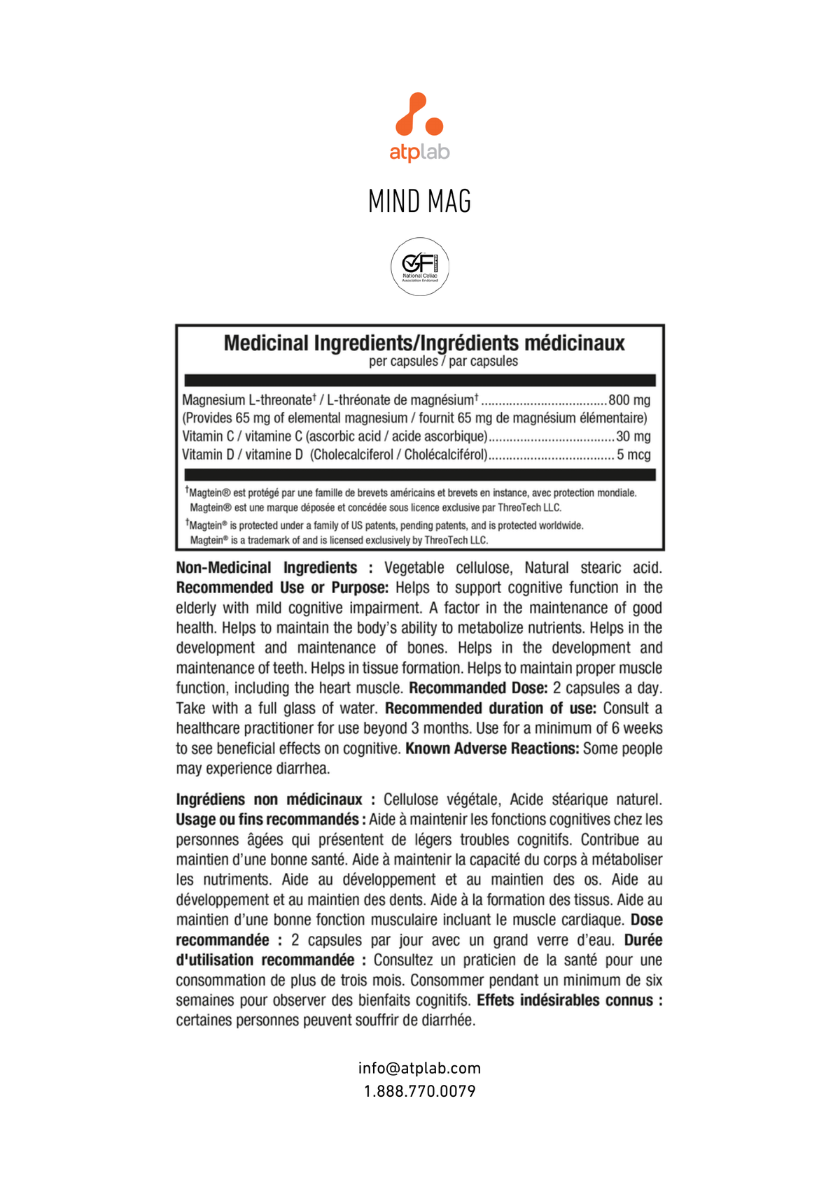 A digital document page for 'MIND MAG' by 'applio' showing the medical ingredients and usage instructions for a dietary supplement. The page features a white background with black text and a small multicolor logo at the top left.