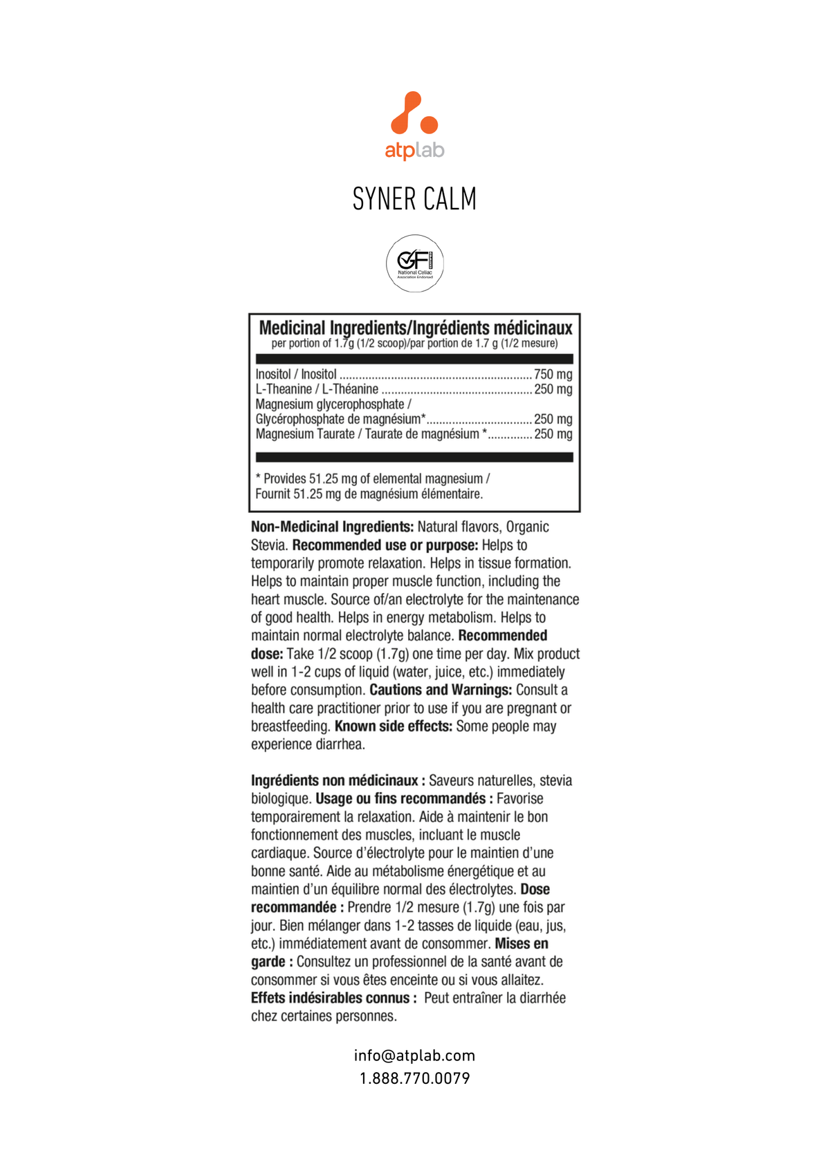 A product information card for Syner Calm by apipla, showing the product name, active ingredients, recommended doses, side effects, and contact details on a white background.